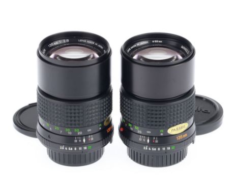 A Pair of Minolta MD Tele-Rokkor f/2.8 135mm Lenses, black, barrels VG, optics F-G with light haze, dust, and in one example 