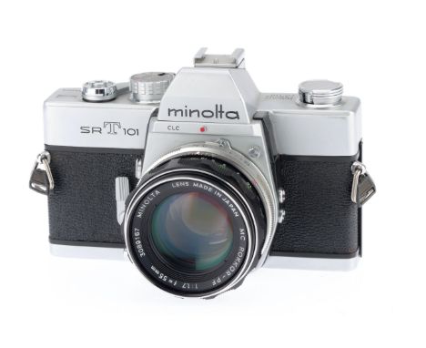A Minolta SRT101 35mm SLR Camera, silver, serial number 2708364, body VG, shutter works, not battery tested, with a Rokkor-PF