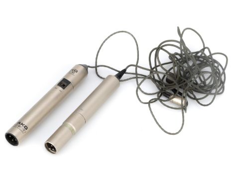 A Pair of Lavalier Microphones, comprising an AKG SE5E-10 pre &amp; CE10 Lavalier Microphone head ,silver, G, XLR socket, and