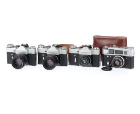 A Selection of Soviet Cameras, comprising 3off Zenit-B cameras, bodies G, shutters working, two have Helios 44-2 lenses, one 