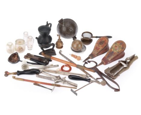 A Collectors Lot, a collectors lot of items including glass ink wells, a chamber pot smoking pipe, leather working tools and 