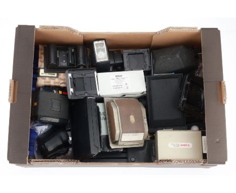 A Large Tray of Mixed Photographica, to include medium format film backs, flashes, a Mamiya RB67 viewfinder, a Canon T90 data