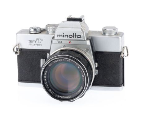 A Minolta SRT Super 35mm SLR Camera, silver, serial number 1190575, body G, small dent to prism cover, shutter works but seco