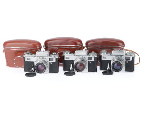 A Selection of Kiev Soviet Cameras, comprising a Kiev 4, body G, shutter fires but curtains are slow, and a Jupiter-8M lens, 