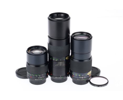 A Group of Minolta Prime Lenses, comprising a MD Tele-Rokkor-X f/3.5 135mm, optics VG, a MD Tele Rokkor f/4 200mm, optics VG,