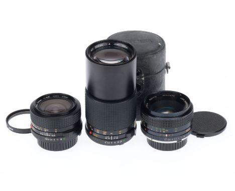 A Group of Minolta Prime Lenses, comprising a MD f/2.8 24mm, a Rokkor-PF f/1.7 50mm, and a MD f/4 200mm, barrels VG, optics G