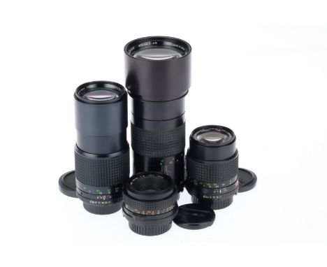 A Group of Minolta Prime Lenses, comprising a MD f/2 50mm, optics VG, a MD Tele-Rokkor f/3.5 135mm, optics VG, a MD Tele Rokk