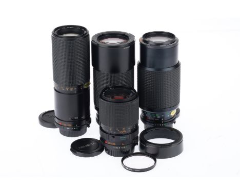 A Group of Minolta Zoom Lenses, comprising an MD 35-105mm, barrel G, optics F-G with light haze and dust, an MD f/5.6 100-200