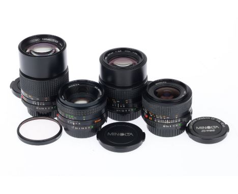 A Group of Minolta Prime Lenses, comprising a MD f/f/3.5 28mm, optics G, a MD Rokkor f/1.7 50mm, optics G, a MD f/2.5 100mm, 