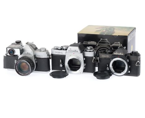 A Group of Minolta Cameras, comprising a Minolta SR-1, silver, serial number 2198414, body F, some leatherette lifting, shutt