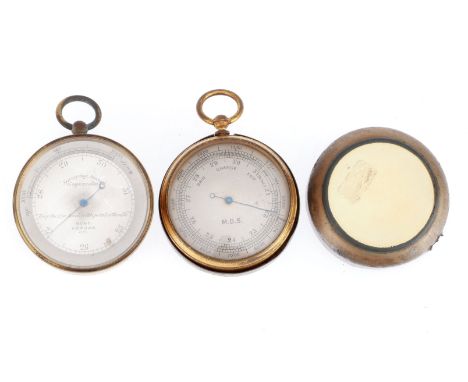 2 Pocket barometers, including a barometer engraved to teh face 'Surveying Barometer, Keep the eye level with the point of ne