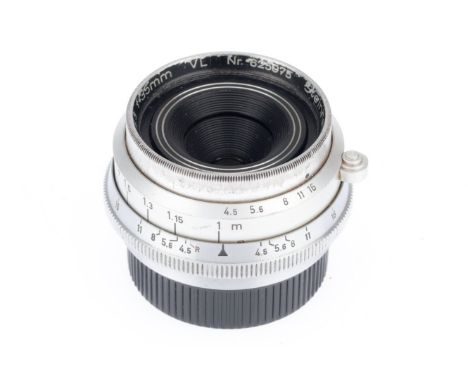 A Steinheil Munchen Orthostigmat VL f/4.5 35mm Lens, Leica 39mm rangefinder coupled mount, chrome, serial no. 623975, body F,