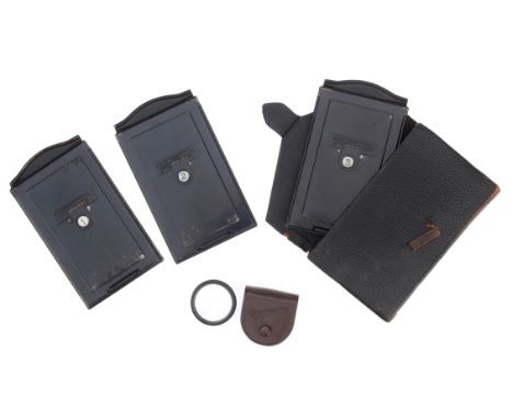 A Small Selection of Voigtlander Accessories, to include 3off 2¾x3½inch film holders in a leather case, and a Focar 6 lens ac