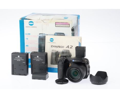 A Konica Minolta Dimage A2 Digital Bridge Camera, black, serial number 37402168, VG, powers up, focusses, takes a picture, EV
