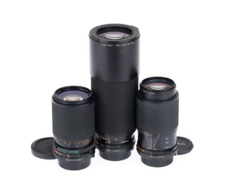 A Group of Minolta Zoom Lenses, comprising a MD f/3.5-4.5 35-135mm, a MD f/4 75-150mm, and a MD f/5.6 100-300mm, barrells VG,