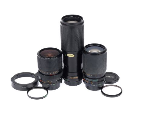 A Group of Minolta Zoom Lenses, comprising a MD f/3.5-4.5 28-85mm, a MD f/3.5-4.5 35-135mm, and a MD Rokkor f/5.6 100-200mm, 