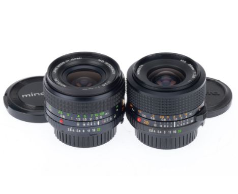 A Pair of Minolta Prime Lenses, comprising a MD f/2.8 28mm, barrel VG, optics VG, and a f/2.8 35mm, barrel VG, optics G ,with