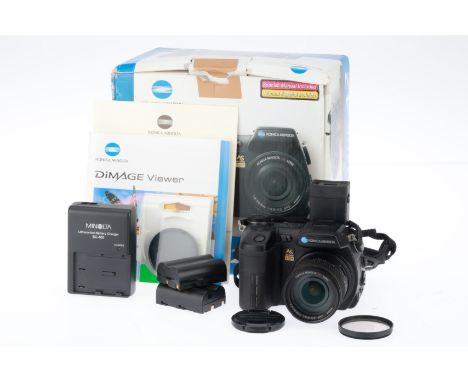 A Konica Minolta Dimage A2 Digital Bridge Camera, black, serial number 33418765, VG, powers up, focusses, takes a picture, EV