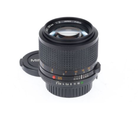 A Minolta f/2 85mm MD Lens black, serial number 8010417, black, barrel VG, optics VG.