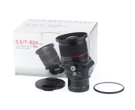 A Samyang f/3.5 24mm ED AS Tilt/Shift Lens, black, Sony mount, barrel VG, optics VG, with caps, in maker's packaging.