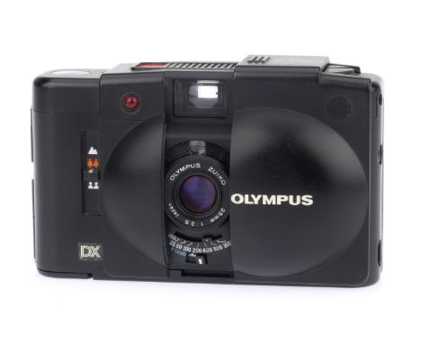 An Olympus XA3 Compact Viewfinder Camera, black, body F-G, usage marks and small dent on the back, battery tested, battery ch