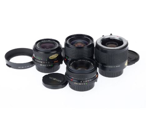 A Group of Minolta Short Prime Lenses, comprising a W.Rokkor f/2.8 24mm, a W.Rokkor f/2.8 35mm, a MD Rokkor f/2 45mm, and a 3