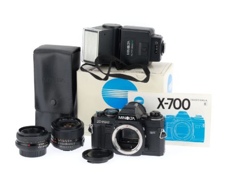 A Minolta X-700 35mm SLR Camera Outfit, black, serial number 2415791, body VG, with batteries inserted the shutter works at a