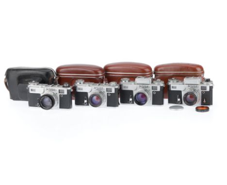 A Selection of Kiev Soviet Cameras, comprising a Kiev 4m, body G, shutter fires but not accurate, has the Moscow 1980 Olympic