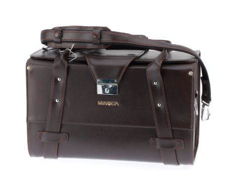 A Minolta Branded Camera Outfit Carry Case, dark tan, VG, with shoulder strap, internal compartments VG, approx 36x23x22cm.