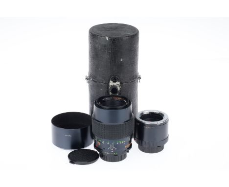 A Minolta MD Macro Rokkor-X f/3.5 100mm Lens, black, serial number 1201435, barrel VG, optics VG, with caps, with the 2:1 con