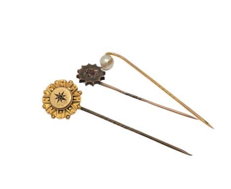 Three gold pins set with ruby/diamond/pearl (3)