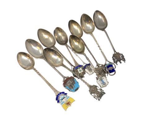 A collection of silver and enamel Scottish, Welsh spoons, Glasgow, Forfar, Dumfries, Edinburgh, Aberdeen etc. (10)