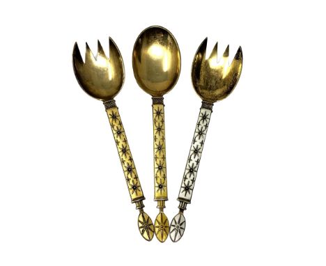 Three fine quality Norwegian silver gilt and enamel serving spoons by J. Tolstrup