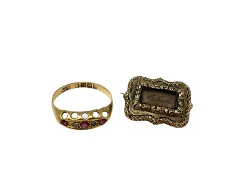 An antique 18ct gold ruby and diamond ring and an early 19th century gold memorial brooch. 