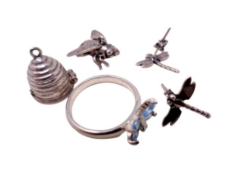 Silver and white metal jewellery to include dress ring, miniature charms etc  