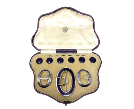 A fine quality cased silver gilt and purple enamel buckle, pair of shoe buckles, and six buttons, Birmingham 1908. 