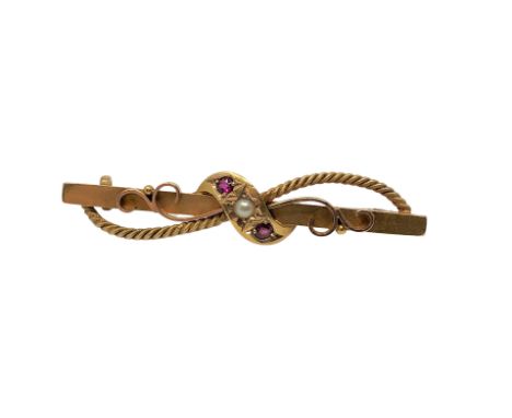 A 15ct gold ruby and pearl bar brooch CONDITION REPORT: 3.3g