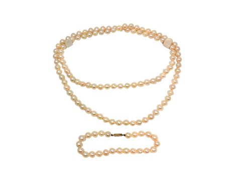 A cultured pearl necklace and similar bracelet with gold clasp