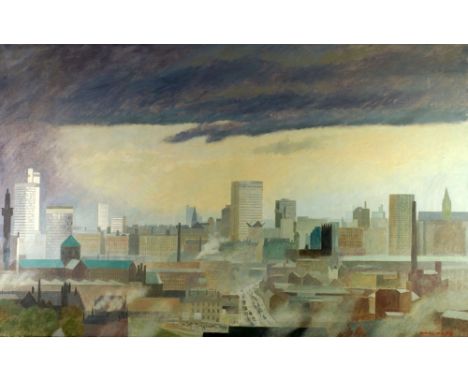 DEREK WILKINSON  OIL PAINTING ON CANVAS  Panoramic view of Manchester Signed and dated 1972 37" x 59" (94cm x 150cm) 