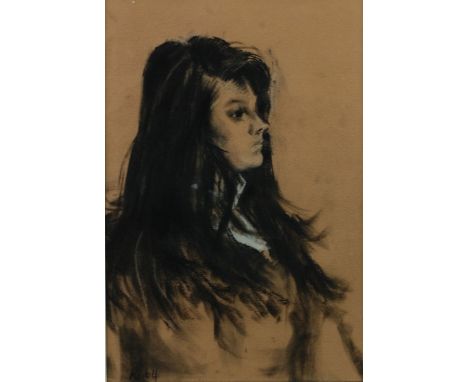 •HAROLD RILEY (B.1934) HEIGHTENED CHARCOAL DRAWING Portrait of a young woman Signed and dated (19)64 12 ½" x 8 ½" (31.8cm x 2