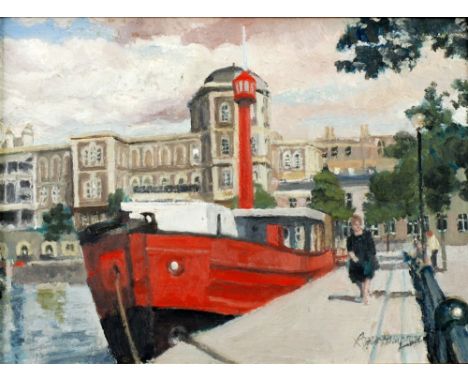 ROGER HAMPSON (1925 - 1996) OIL PAINTING ON BOARD 'Lightship and Hospital, Bristol (Bathers and Basin)' Signed, titled and nu