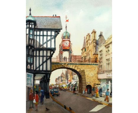 ALBIN TROWSKI (1919 - 2012) PEN AND WATERCOLOUR DRAWING Eastgate and Clock, Chester' Signed and dated (19)'88 18 1/4" x 14" (