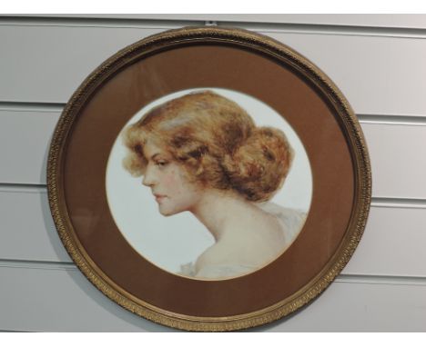 (19th/20th century), a watercolour, Edwardian lady portrait, unsigned, dia 29cm, mounted framed and glazed, dia 38cm