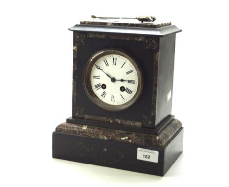 A late 19th/early 20th century striking slate mantle clock, the case with inlaid marble detailing, the enamel dial with Roman