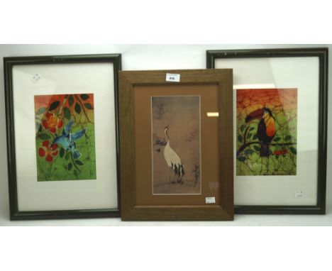 Two batik fabric paintings and a print, the print of a painting by Kano Senseki, featuring a crane, 27.5cm x 13.5cm, the othe
