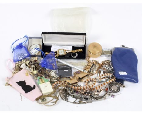 A selection of costume jewellery, including floral brooches, a pendant, a Pigeon lighter, assorted ladies' watches, rings and