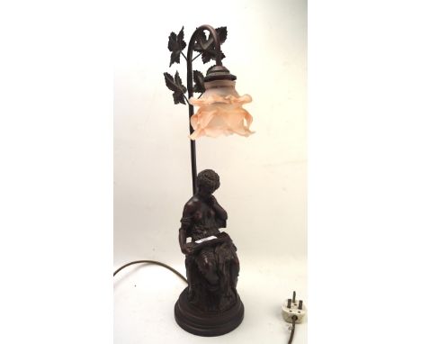 A resin and metal lamp featuring a seated women reading beneath four leaves, with a pink glass shade, total height 56cm