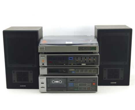 A Sony V-10 stacking Hi-fi system with speakers, including a PS-LX10 turntable, a stereo amplifier TA-V10, a FM Stereo ST-V10