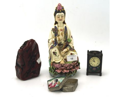 Four oriental and chinoiserie collectables, including a ceramic figure in a seated pose, height 27cm, a white metal box with 