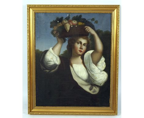 A late 19th century oil painting portrait, depicting a lady holding a loft a basket full of fruit, mounted in later gilt fram
